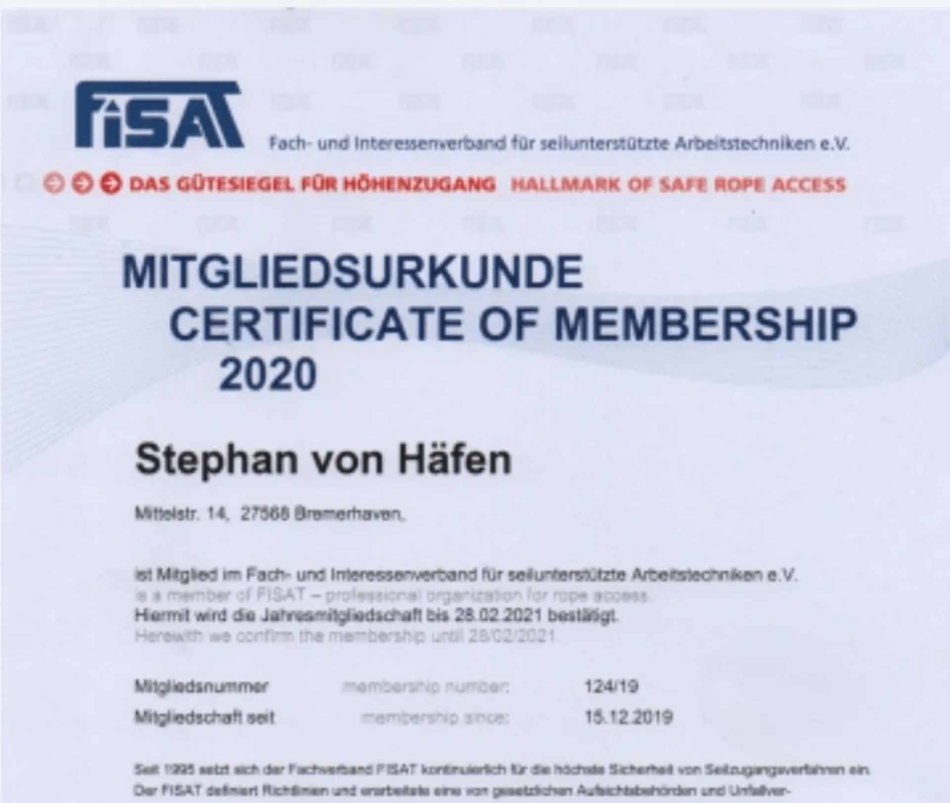 FISAT Mitgliedsurkunde für Stephan von Häfen 2020